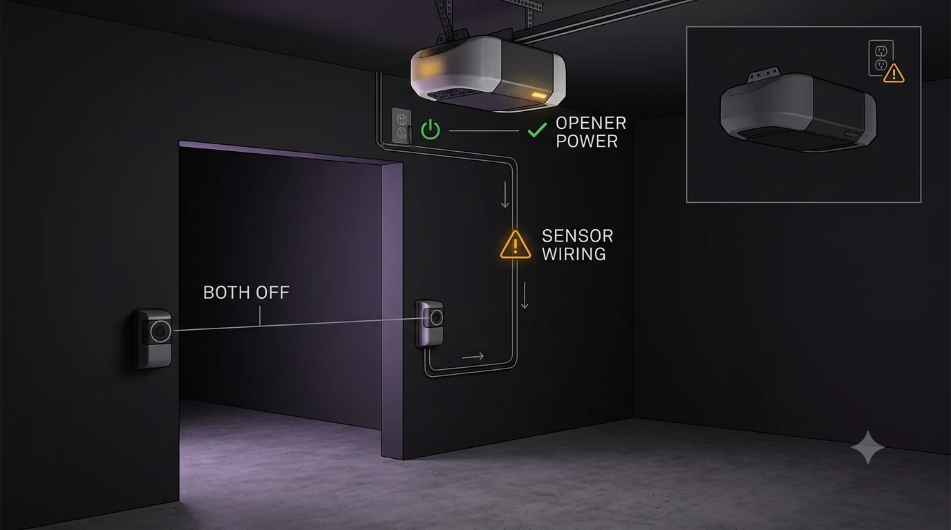 Garage door safety-sensor troubleshooting illustration showing both photo-eye LEDs off while the opener has power, with the low-voltage sensor-wiring path highlighted and an alternate no-AC-power state.