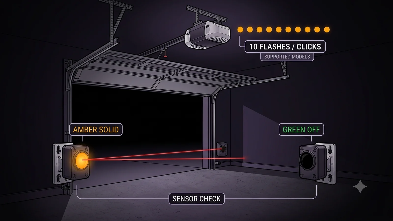 Garage door opener troubleshooting illustration showing ten flashes or clicks from the opener on supported models, a steady amber sending sensor, and a dark green receiving sensor with the beam failing to reach it.