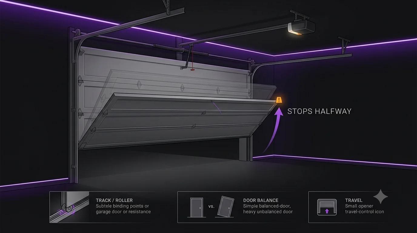 Garage door motion illustration showing the door opening and stopping halfway with track or roller resistance, door balance, and travel settings shown as separate diagnostic branches.