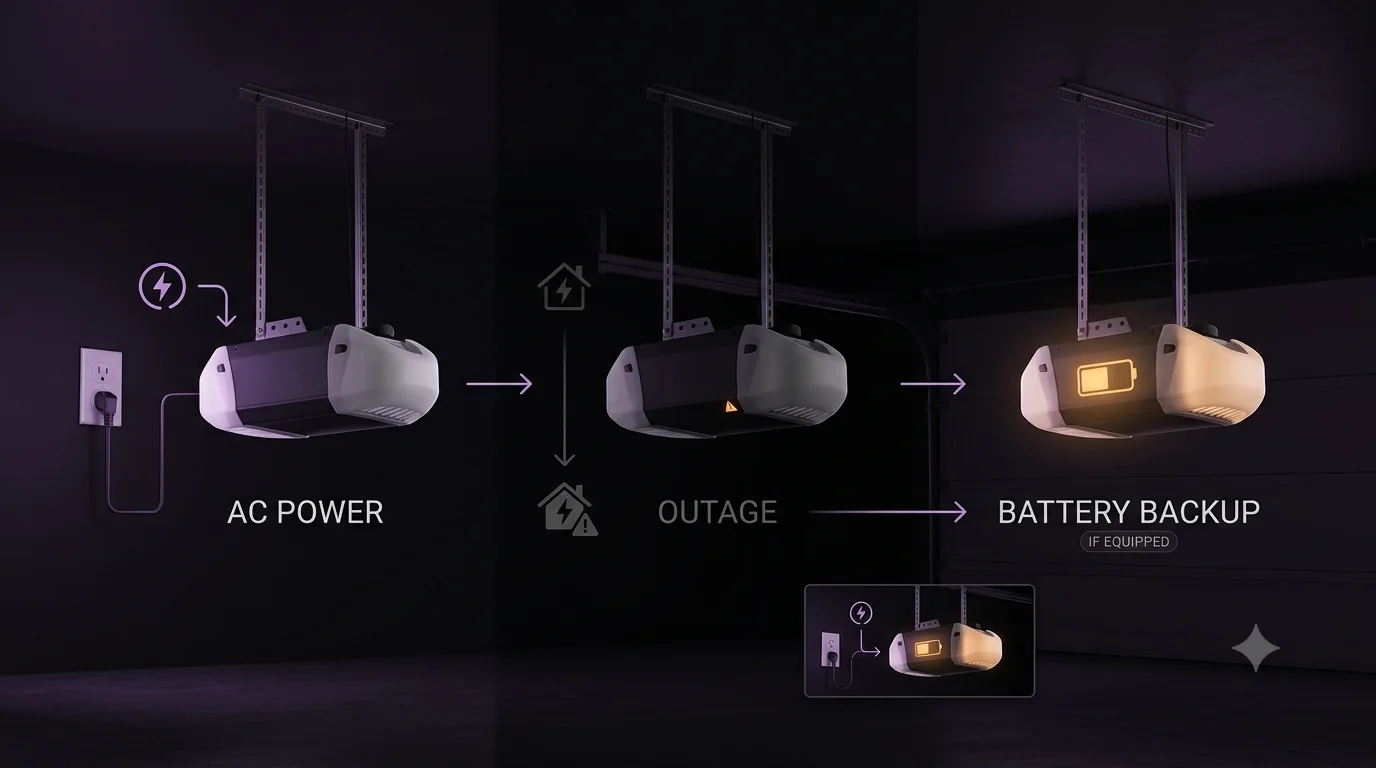 Garage door opener power-state illustration showing normal AC power, a utility outage, and battery-backup operation if the opener is equipped with backup power.