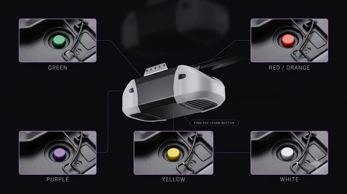Garage door opener Learn button identification illustration showing green, red or orange, purple, yellow, and white button examples around a generic opener powerhead.