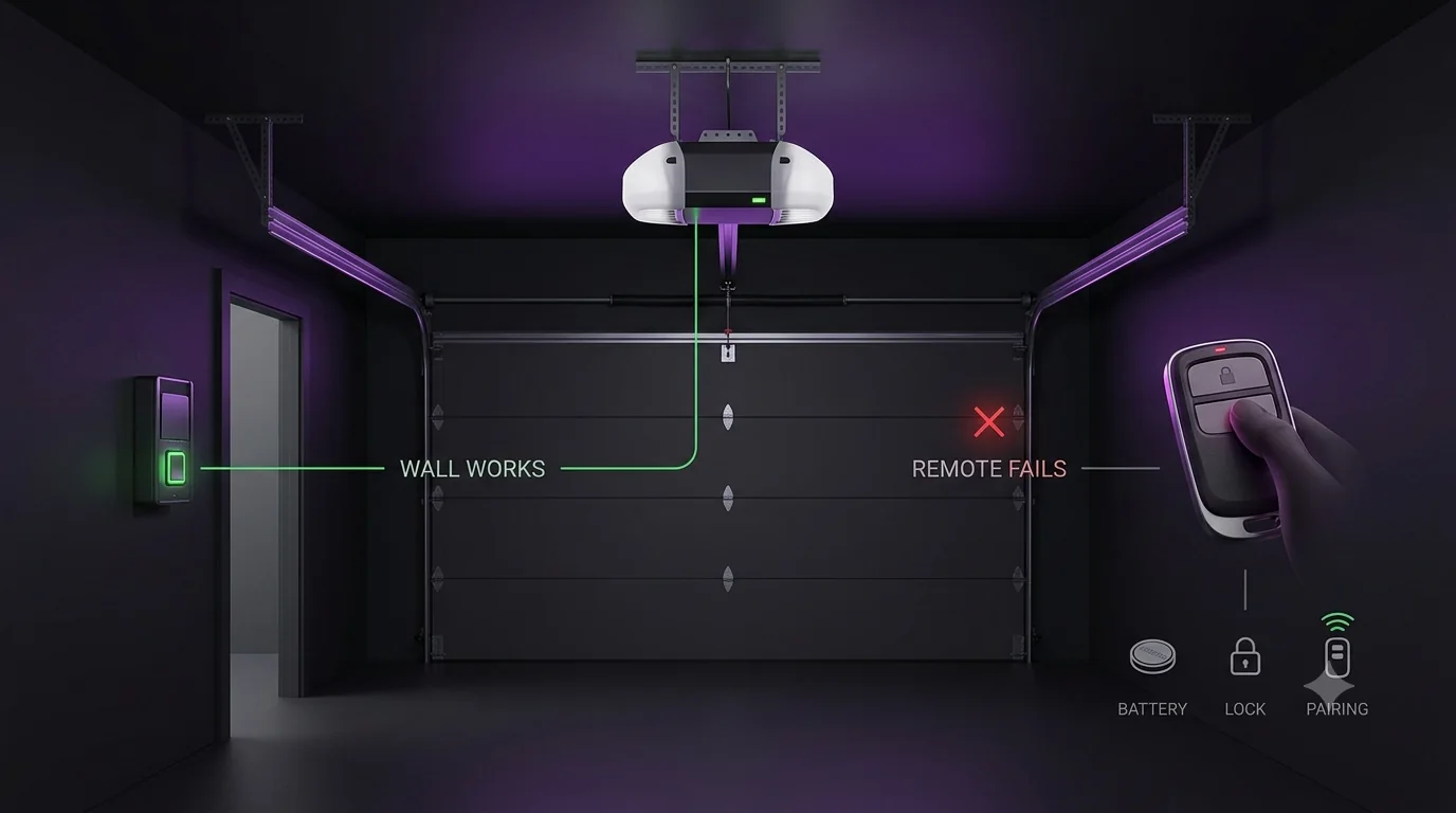 Garage opener troubleshooting illustration showing a working wall control path and a failed handheld remote path with battery, lock mode, and pairing clues.