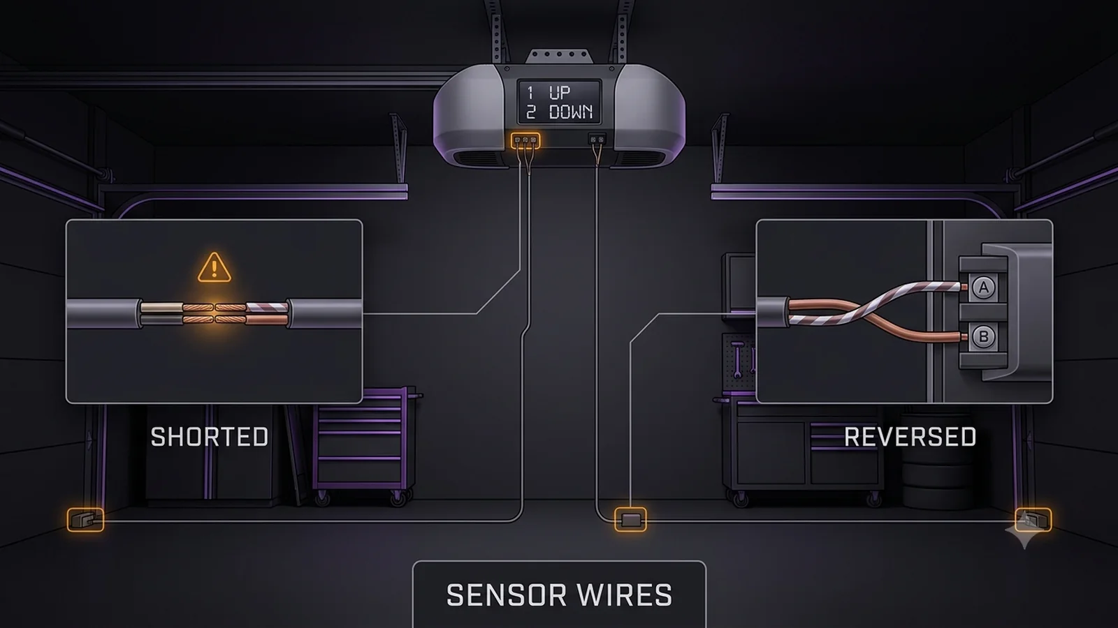 Garage door opener diagnostic illustration for code 1 UP 2 DOWN showing low-voltage safety-sensor wires shorted together and reversed at the sensor connection.
